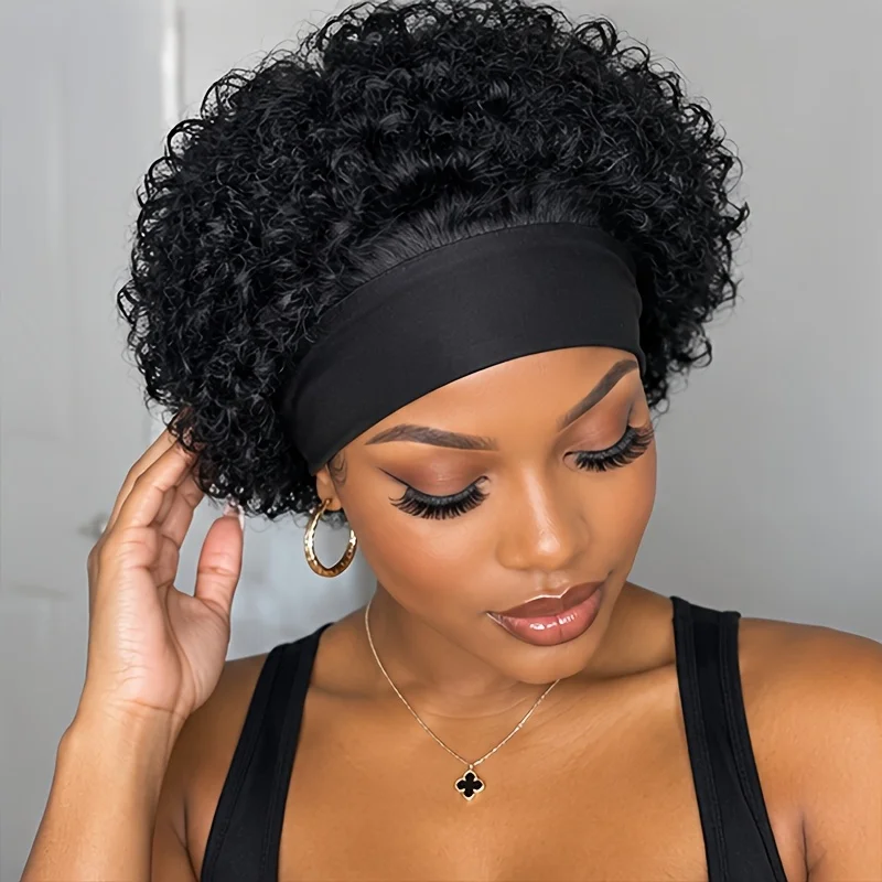 Headband Wigs Human Hair Kinky Curly Human Hair Wigs Layered 6 Inch 180% Density Water Wave Curly Hair Wig Short Headband Pixie Cut Wigs For Women Full Machine Made Natural Black Human Hair For Halloween Christmas Festival Celebrations