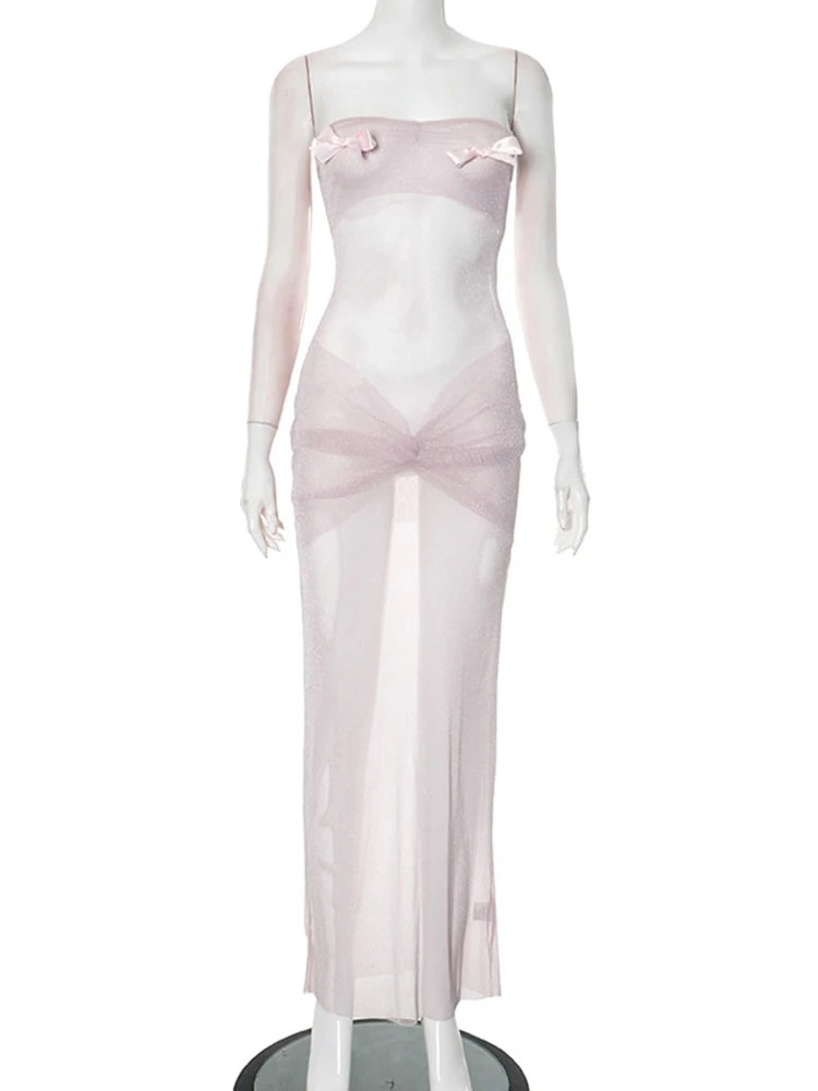 Sibybo Strapless See Through Maxi Dress Women Summer Sundress Fashion Bows Sleeveless Backless Slim Party Clubwear Sexy Dresses