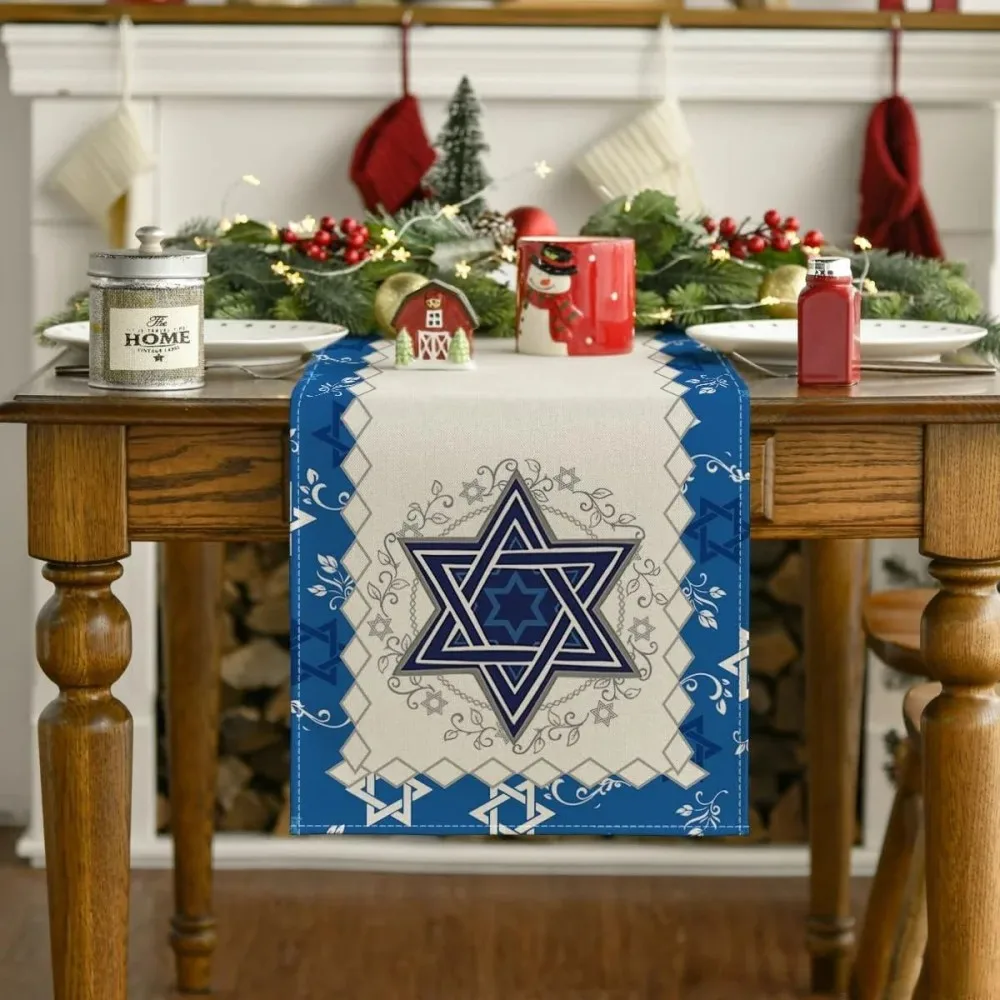 VIKAMA Elegant Linen Tablecloth | Star of David Seven-Branch Candlestick Design, Ideal for Passover Table Party Decorations