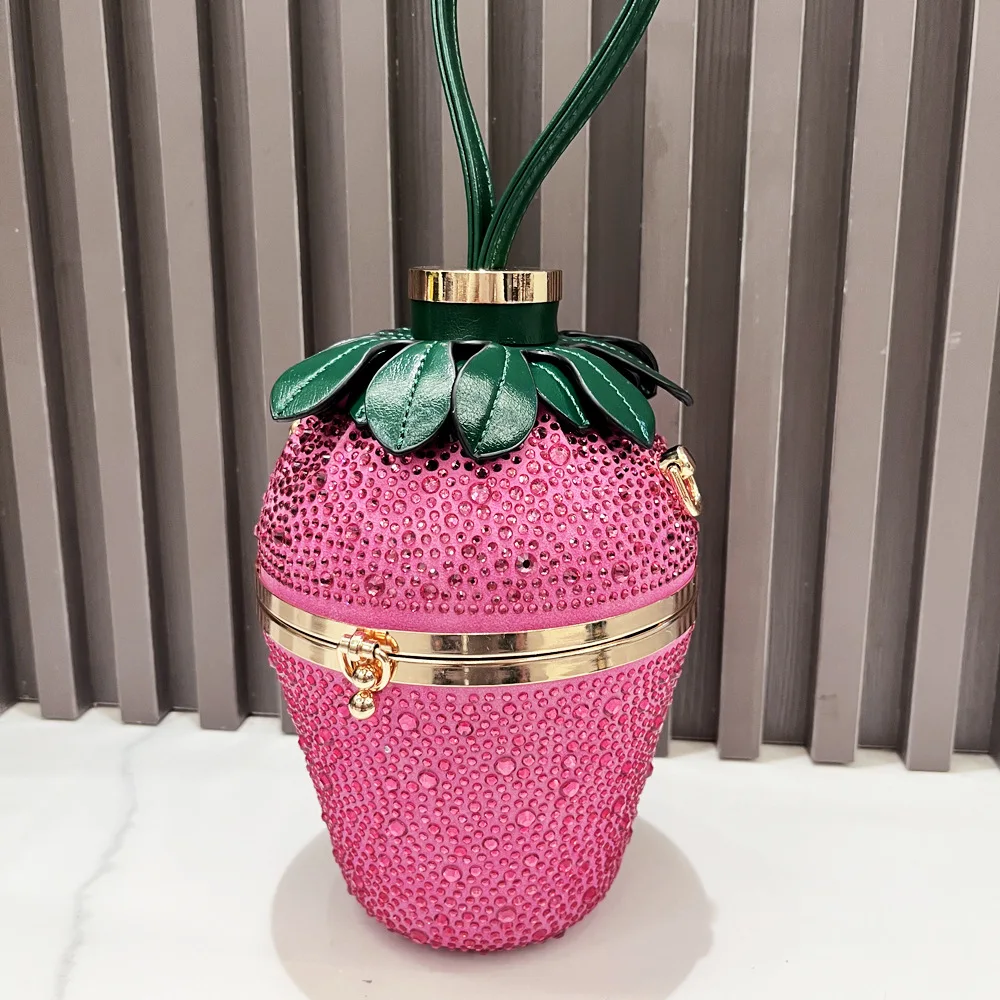 Woman Evening Clutch Bag Rhinestone Strawberry Purse Luxury Designer Handle Shoulder Bucket Handbag For Wedding Banquet