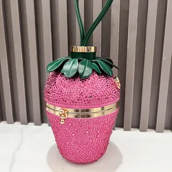 Rhinestone Evening Clutch Bag para mulheres, Strawberry Purse, Luxury Designer Handle, Shoulder Bucket Handbag para banquete de casamento