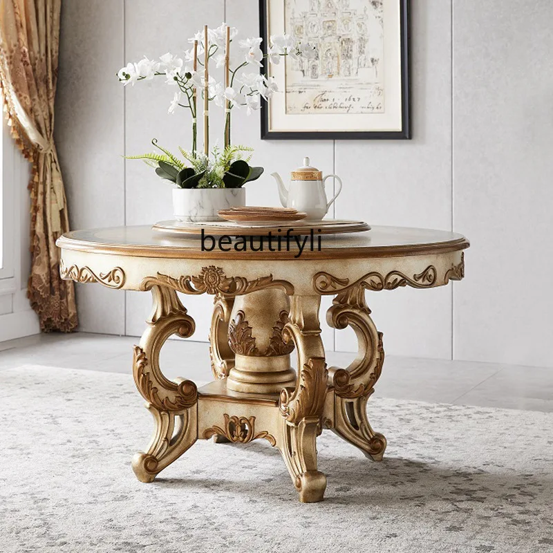 

Solid Wood European Style Rotating Dining Table and Chair Set Round Dining Table with Turntable French Style Painted Table