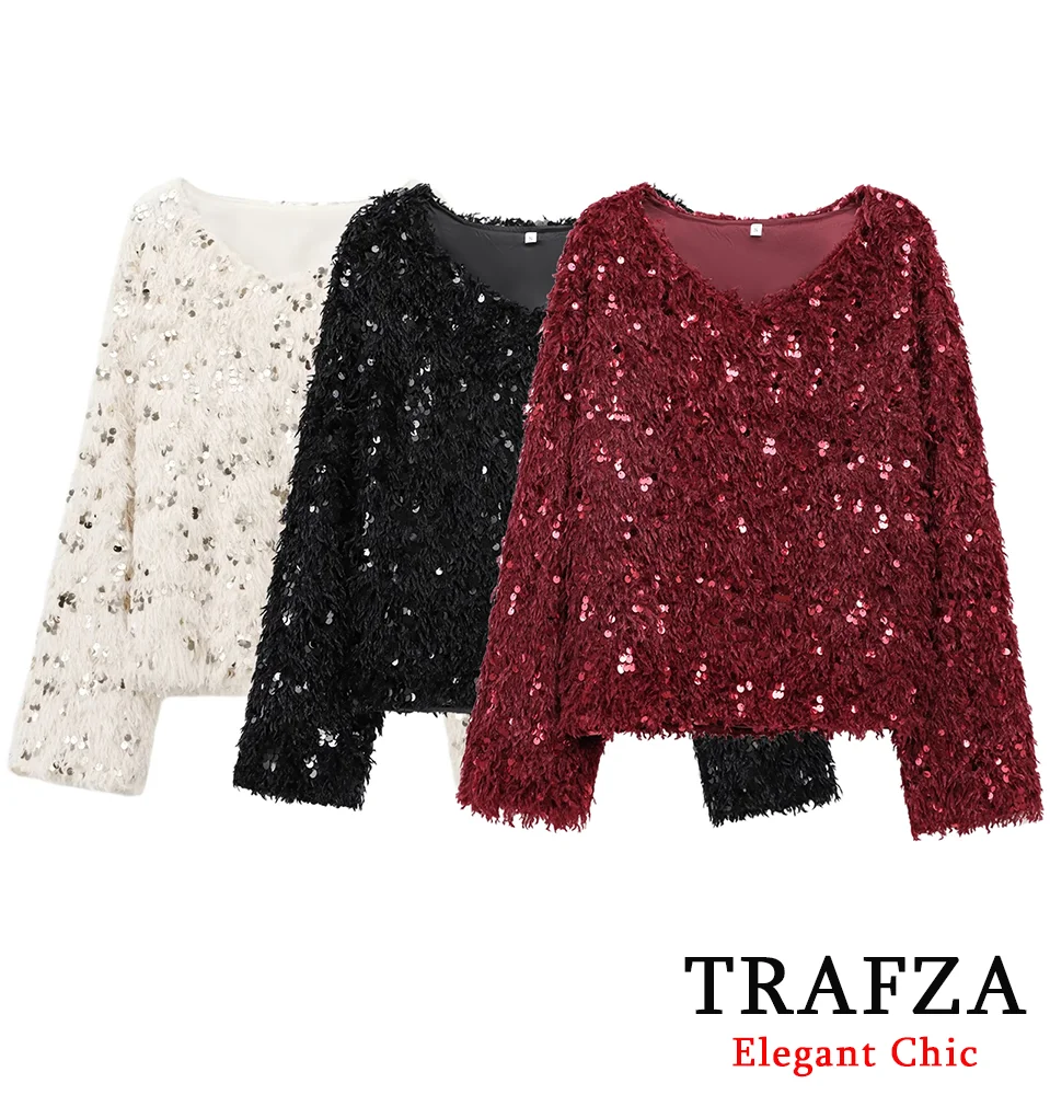 TRAFZA Women Luxury Feather Sequin Pullover Stylish V-Neck Loose Sweater New 2025 Spring Fall High-street Sweet Sweater