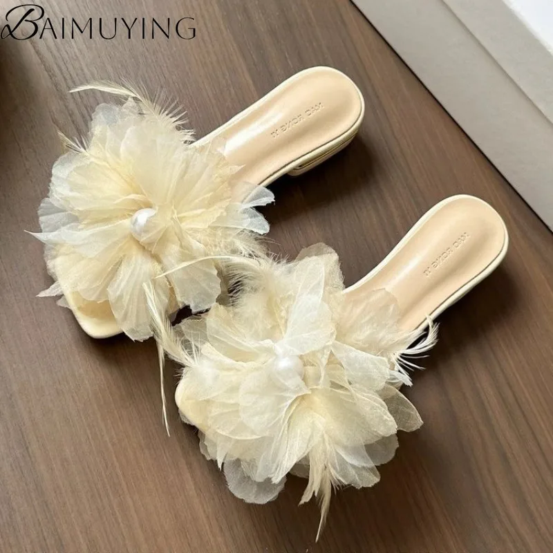 

Flower Bead Mid Heels Slippers Square Toe Heeled Sandals Women Shoes 2025 Summer Open Toe Flip Flops New Elegant Slides Mujer