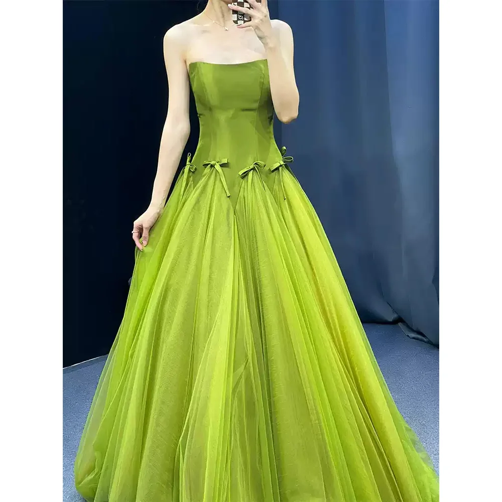 

Потрясающие зеленые вечерние платья без бретелек со шнуровкой сзади и скользящим шлейфом, платья для выпускного вечера с высокой талией и складками из тюля