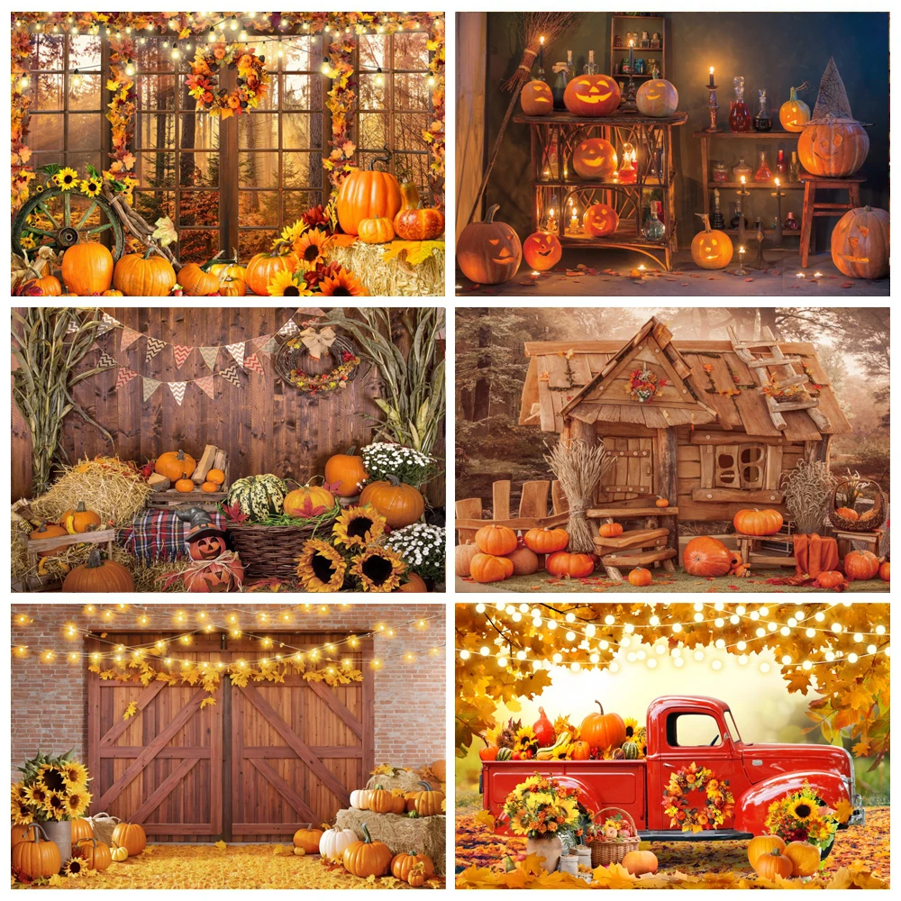 

Autumn Halloween Pumpkin Harvest Barn Backdrop Fall Maple Leaf Thanksgiving Day Baby Photography Background For Photo Studio