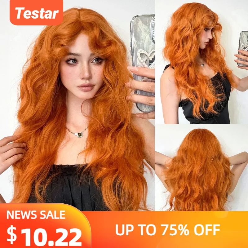 Party Wigs for Girls Fluffy Curly Hair with Bangs Orange Synthetic Wig for Women Cosplay Wigs Natural Daily Heat Resistant Fiber