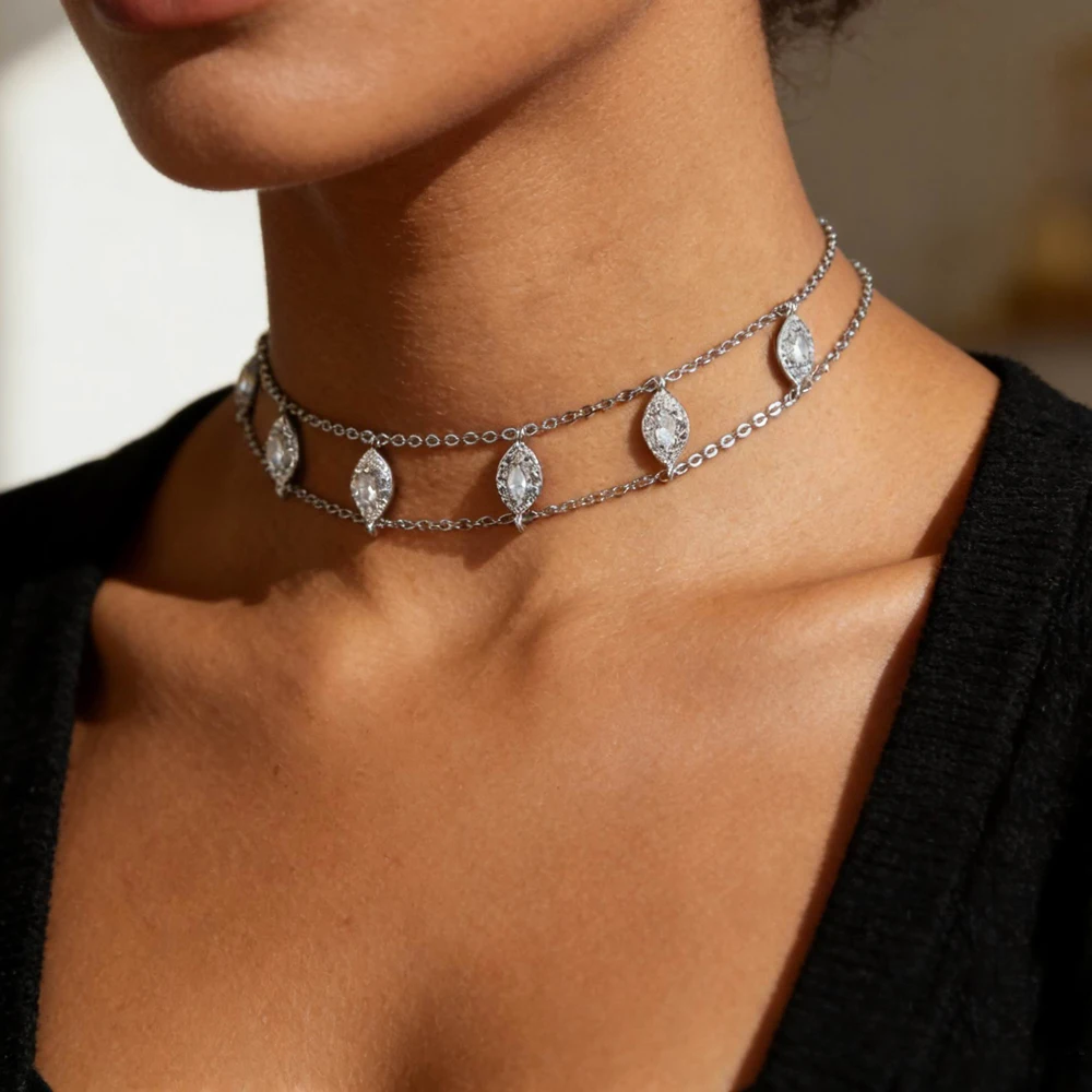 Feine mehrschichtige Ketten-Choker-Halskette mit glitzernden Zirkonia für Damen, Hochzeit, Verlobung, glänzender Modeschmuck