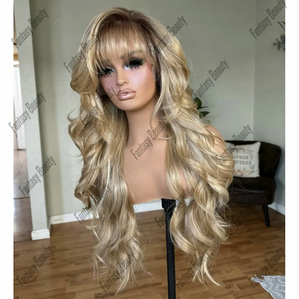 100% Human Hair Full Lace Wigs Quality Ombre Light Blonde Body Wave With Bangs Glueless 13*6Lace wigs Human Hair Indian Hair Wig