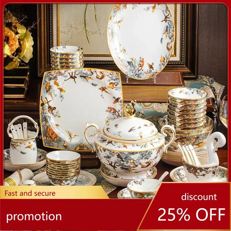 ZML piece complete tableware set Luxury bone china dinnerware sets rice bowl plate chopsticks kitchen dishes dinner dish set