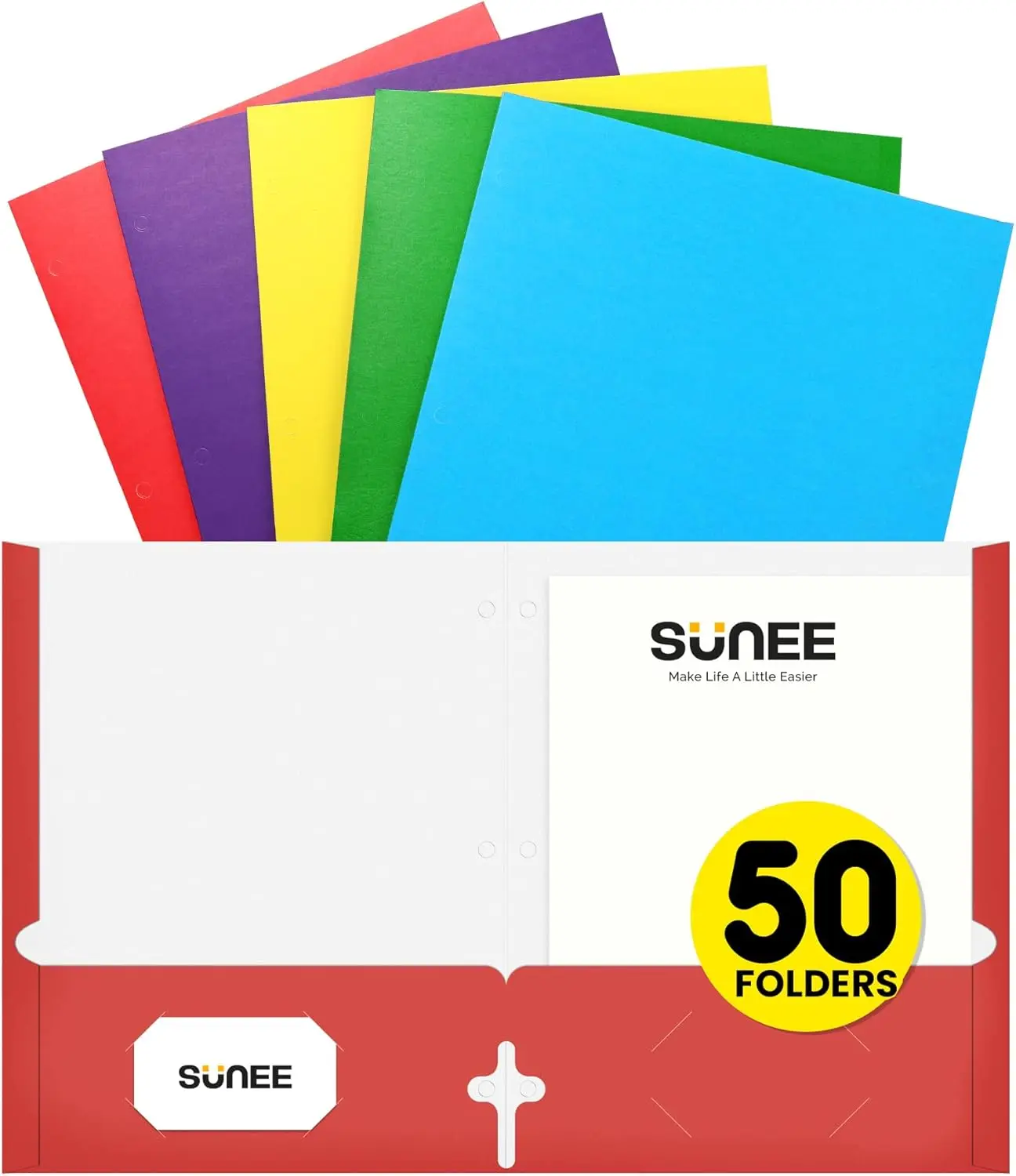 

50-Pack Assorted Color Pocket Folders, 3-Hole Punched for Letter Size Paper, Durable School Office Home Use