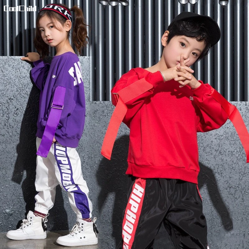 

Boys Hip Hop Ribbon Pullover Street Dance Pants Girls Letter Sweatshirt Joggers Children Sport Clothes Sets Kids Jazz Costumes