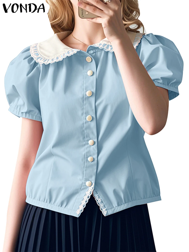 VONDA Women Patchwork Blouse Solid Color Female Tops 2025 Casual Puff Short Sleeve Tunic Lapel Neck Lace Blusas Oversized