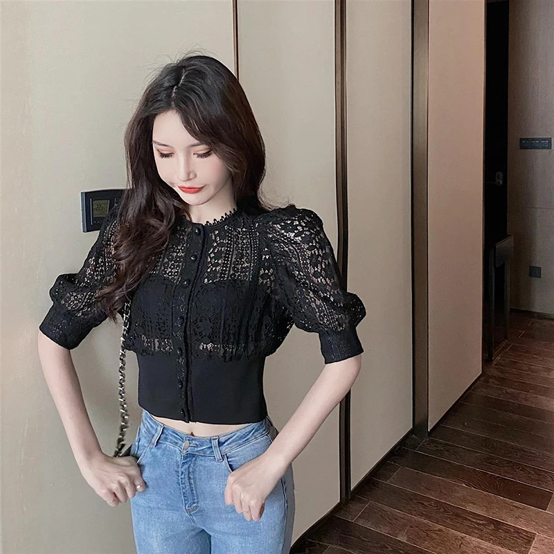 MEXZT Elegant Blouses Women Sweet Hollow Out Lace Shirts Vintage Korean Summer Puff Sleeve Solid Simple Slim Casual Crop Tops