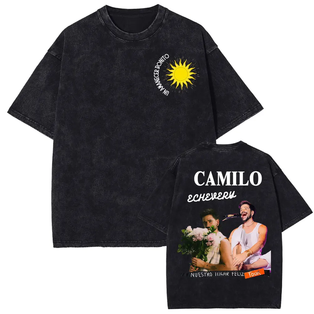 

Camilo La Tribu Nvestro Lugar Feliz Tour Промытые футболки Мужская женская одежда Хлопковая удобная футболка Модная футболка в стиле хип-хоп в стиле ретро