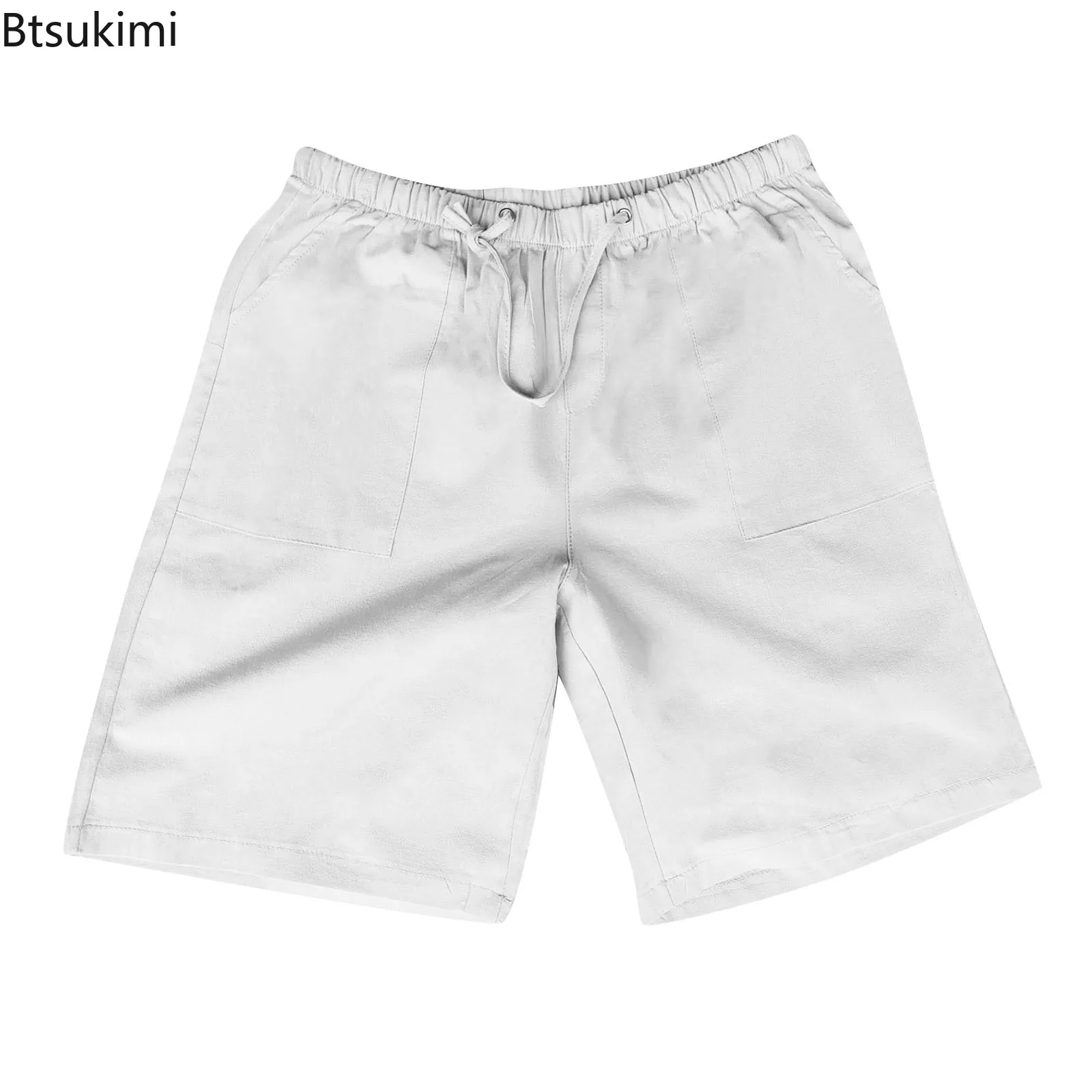 

Новинка 2025, мужские летние однотонные хлопковые льняные повседневные шорты, свободные дышащие пляжные шорты на шнурке, мужские универсальные спортивные шорты