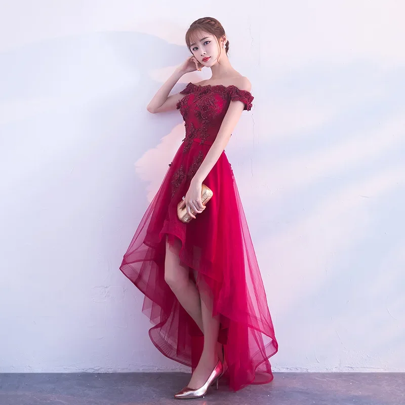 Reject Return Boat Neck High Low Prom Dress Woman Embroidery Lace Up Cocktail Prom Gown Girl Stage Robe Formal Party Dresses