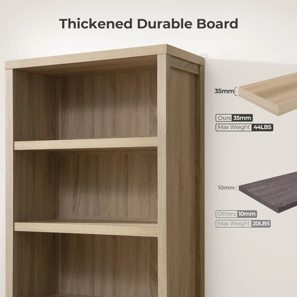 Bookcase  Bookshelf 5 Tier Rattan Boho Bookcase with Doors Storage Large Book Case Shelf Farmhouse Bookshelves