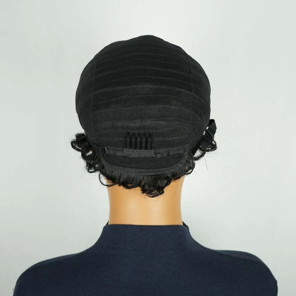 짧은 픽시컷 가발 인모 곱슬 웨이브 가발 흑인 여성용 짧은 워터 웨이브 머신 가발 일상용