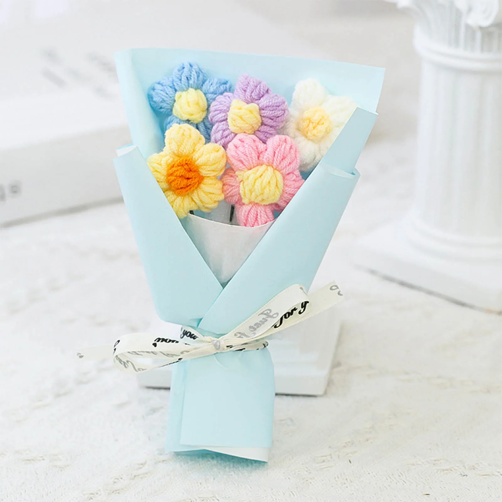 

Valentine Gift Mini Knitted Puff Flower Bouquet Handmade Cotton Yarn Floral Arrangement Birthday Anniversary Party Decorations