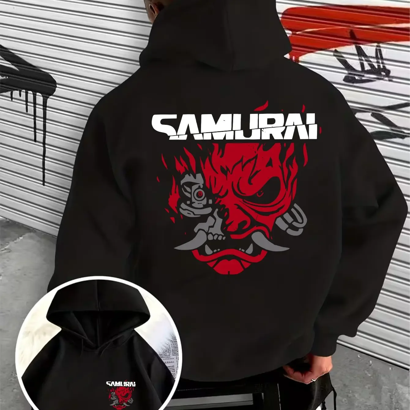 Cool Cyberpunk Warrior Demon Mask Signage Print Men's Hooded Sweatshirt Autumn/Winter Daily Outdoor Sports Loose Fitness Loose