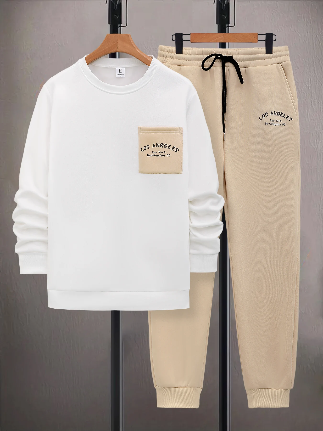 طقم هوديي مطبوع عليه مدينة لوس أنجلوس للرجال مع جيوب كاجوال للركض ملابس الشارع مكونة من قطعتين أبيض وكتلة ألوان رقبة مستديرة #2