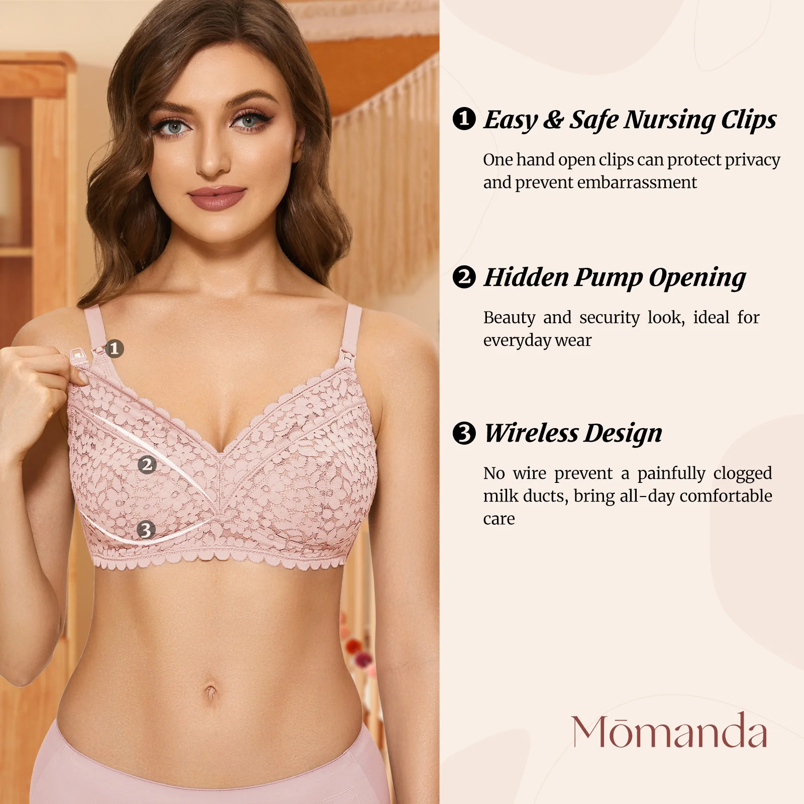 MOMANDA Hands Free Pumping Bra Breastfeeding Maternity Wireless Lace Sexy Underwear Women\'s Nursing Bra All In One DD E F