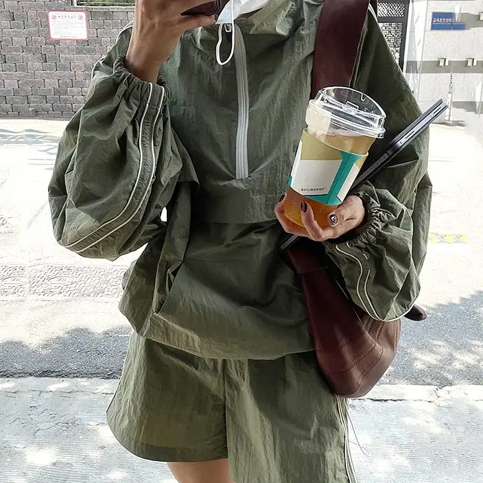 

Women's Loose Fit f-Zip Windbreaker Jaet with Double Stripe Wide Leg orts Set Faionable Casual Sle Spring Season