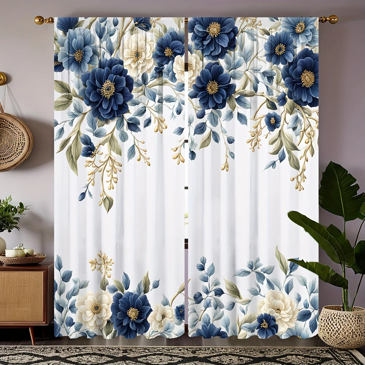 2pc Blue flower and green leaf pattern curtains, polyester fabric, machine washable, suitable for bedroom and living room