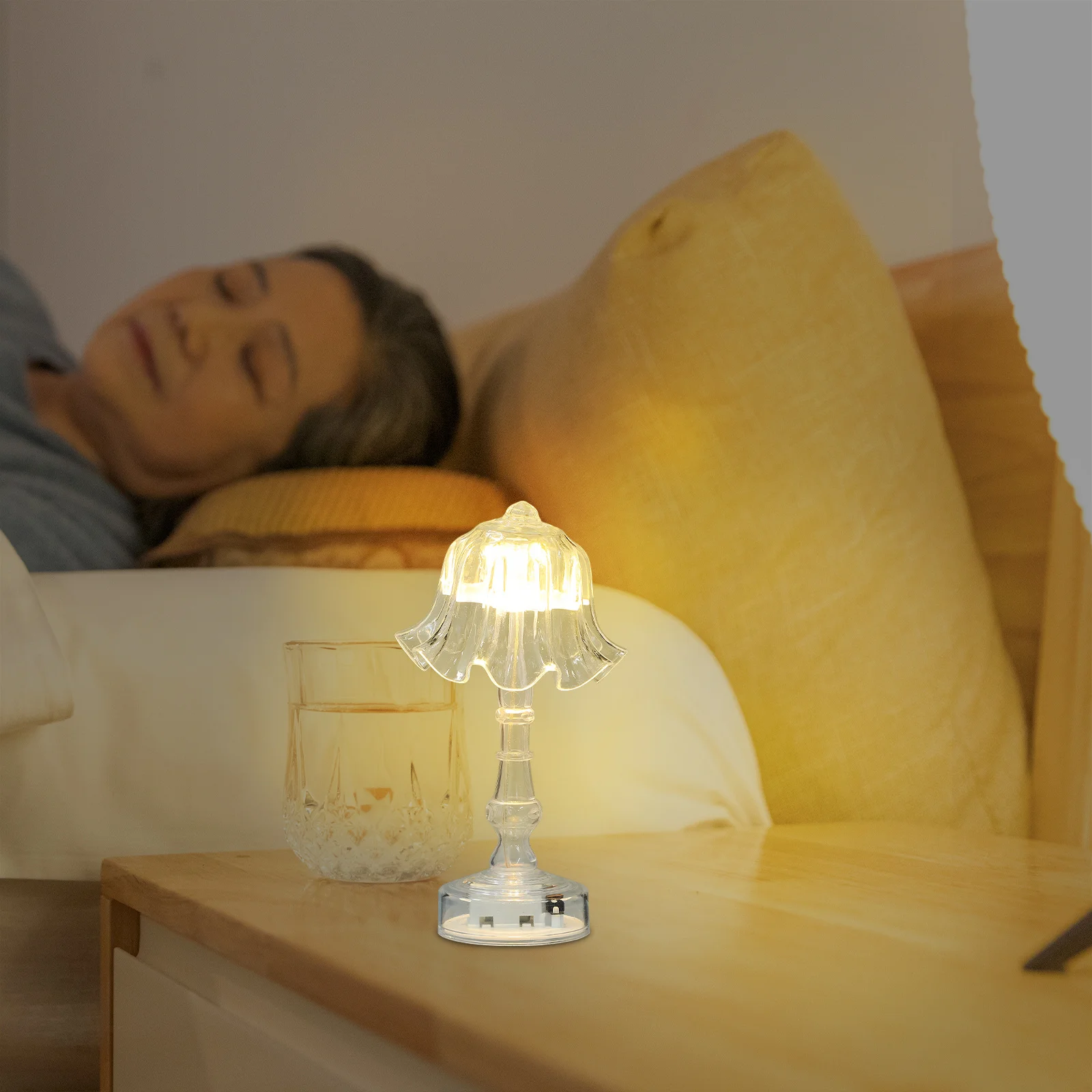 

2Pcs Clear LED Nightstand Lamp Portable Atmosphere Bedside Table Light Elegant Transparent Pleated Desk Lamp for Bedroom Dorm