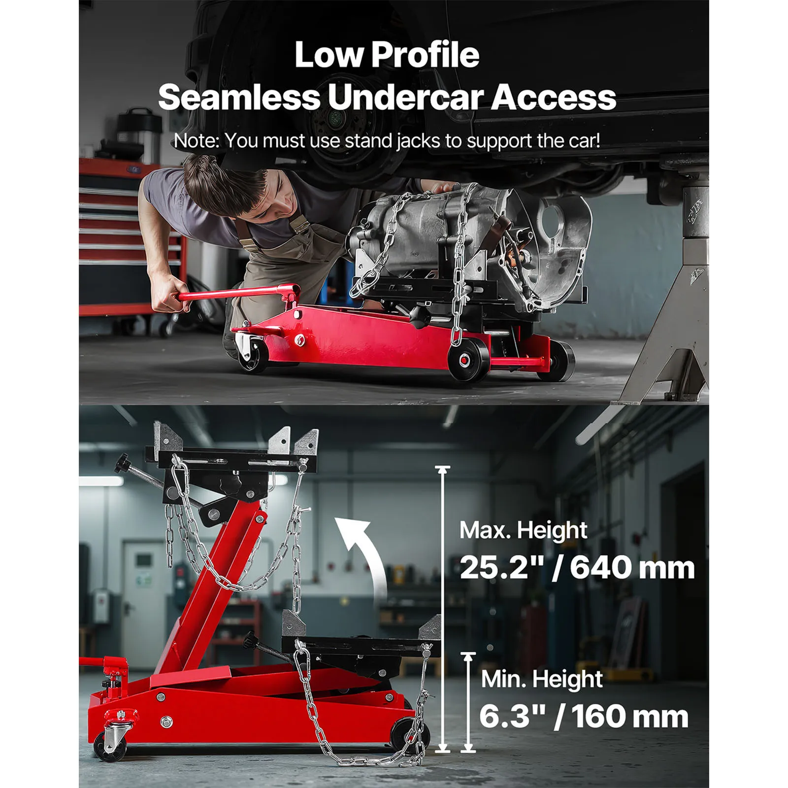 VEVOR Low Profile Floor Jack 2200lbs/1000lbs Telescoping Transmission Floor Jack Flexible 360° Swivel wheels for Garage Shop