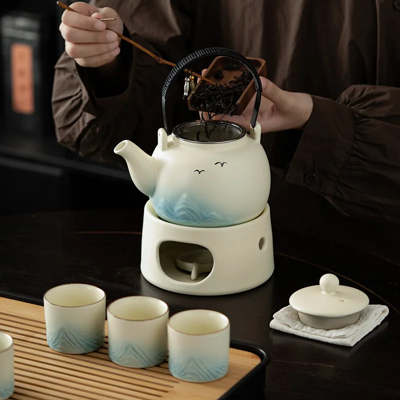 Coarse Pottery Kung Fu Tea Set for Home Use, Simple Large Capacity Teapot with Handle, Chinese Style Ceramic Teapot and Teacups
