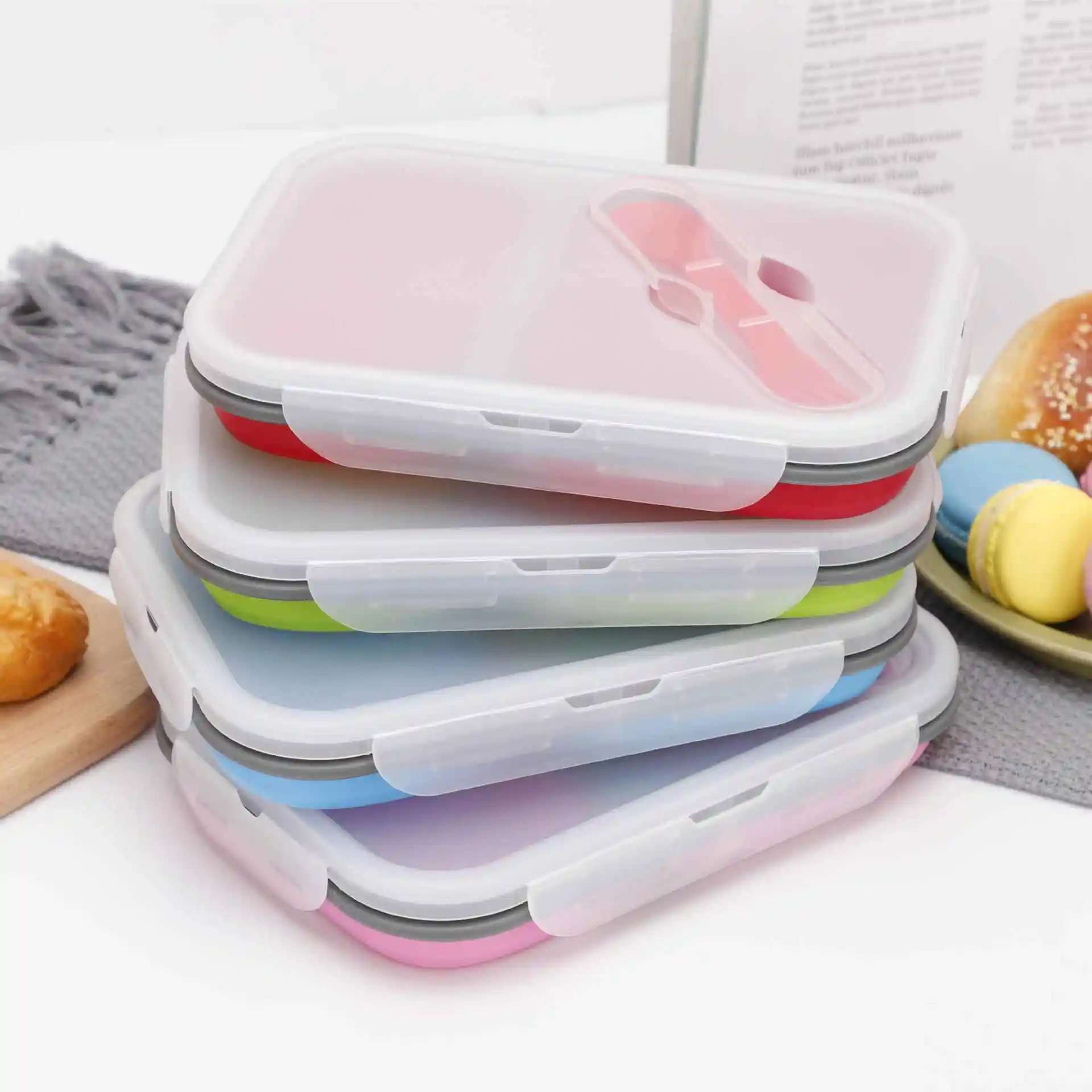 Creative Double Grid Silicone Folding Lunch Box Picnic Convenient Box as Refrigerator Freshness Box Blue Red Green Colors