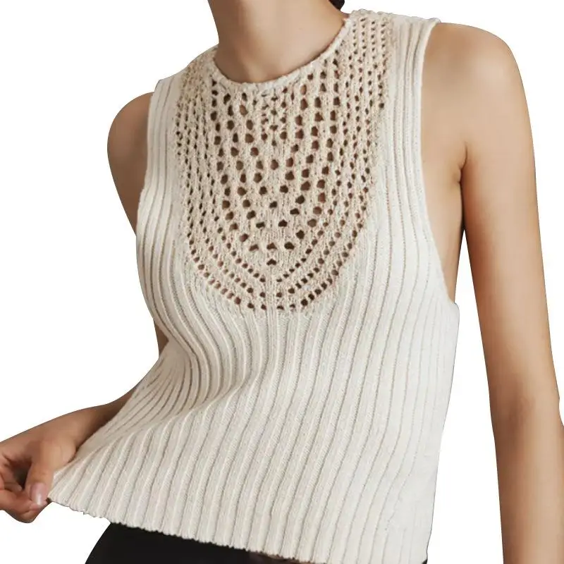 신상 여성 니트 스웨터 홀로우 아웃 순색 슬림 핏 여름 상의 패셔너블 통기성 캐주얼 슬리