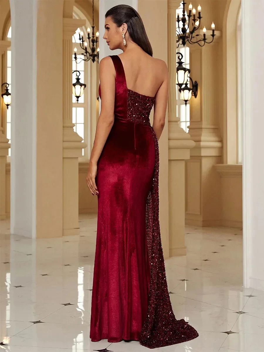 Sexy luxury burgundy glitter sequin party dress one shoulder appliqué shiny long side slit evening dress plus size