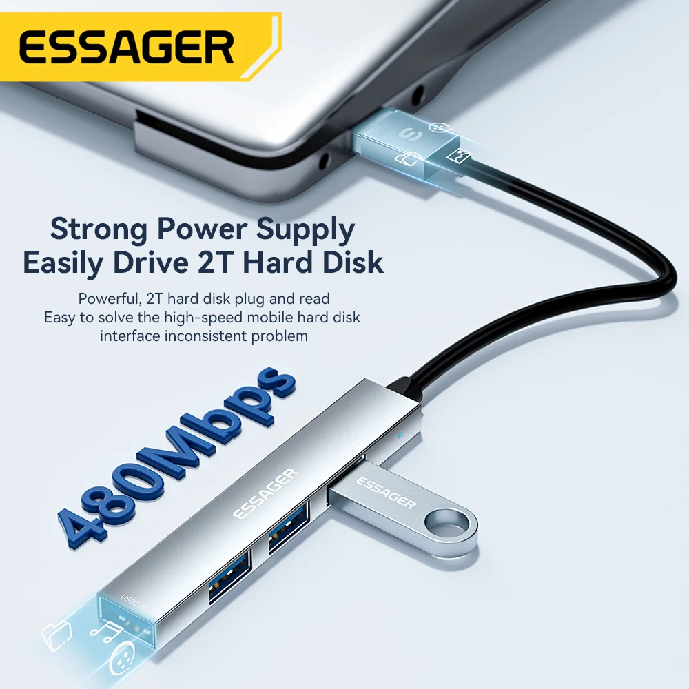 Essager 4 in 1 USB Hub to Type C USB 2.0 for Macbook Air Pro Laptop Dock Station Splitter