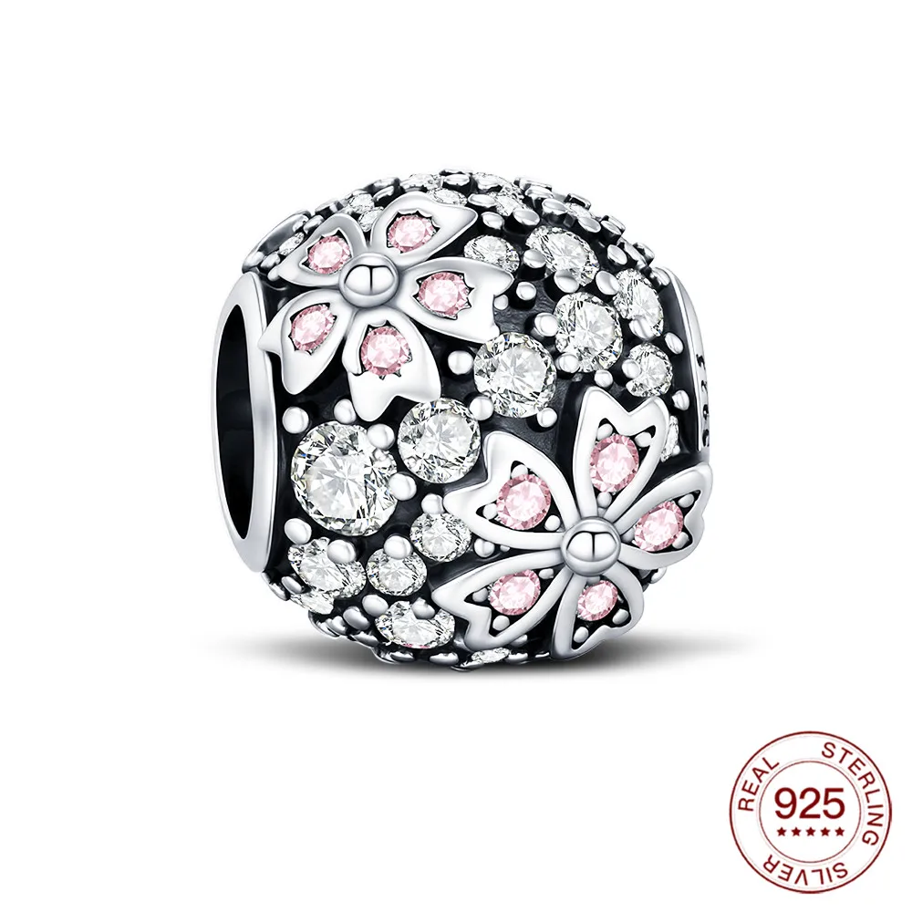 925 Sterling Silber Rosa Kirschblüten-Charms Naturanhänger Passend für Original-Armbänder DIY Schmuckherstellung für Frauen Geschenke