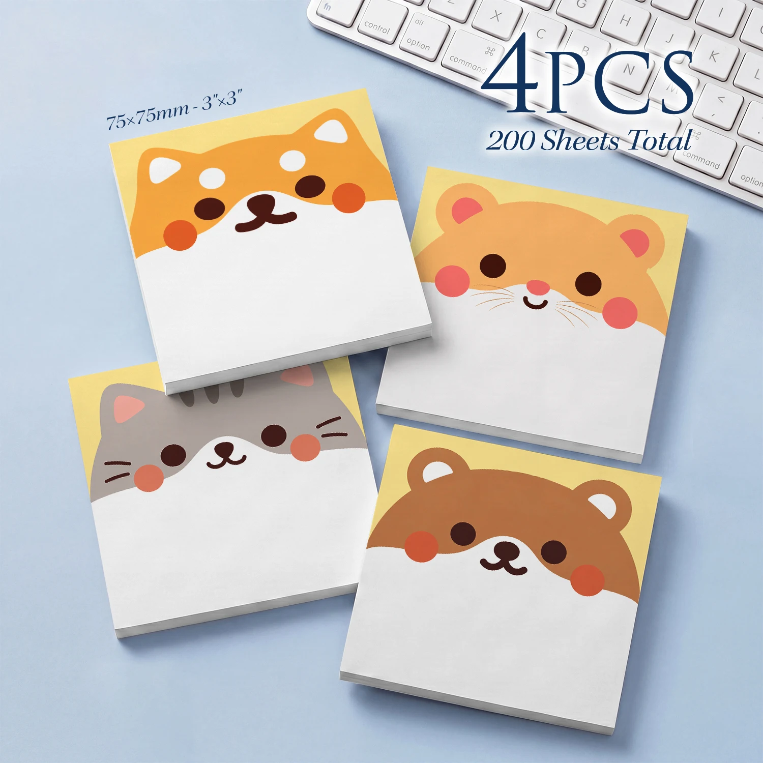 4pcs Cute Animal Sticky Notes Set, Kawaii Puppy Cat Bear Self Stick Memo Pads, 200 Sheets Total, Cartoon Dog Series Notepad