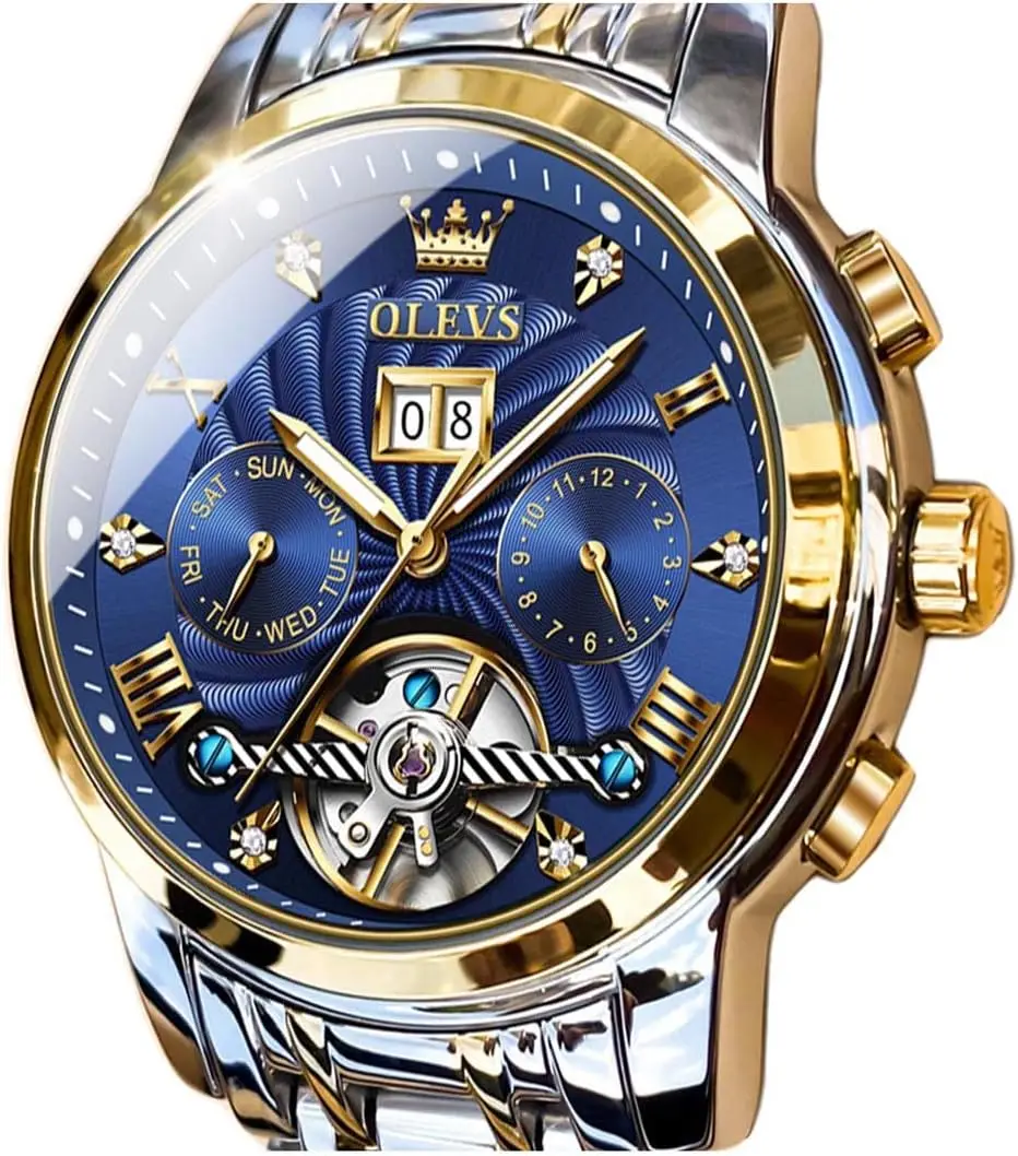 

Men's Automatic Skeleton Watch with 5 Hands, Multi Calendar, Stainless Steel Waterproof Wristwatch