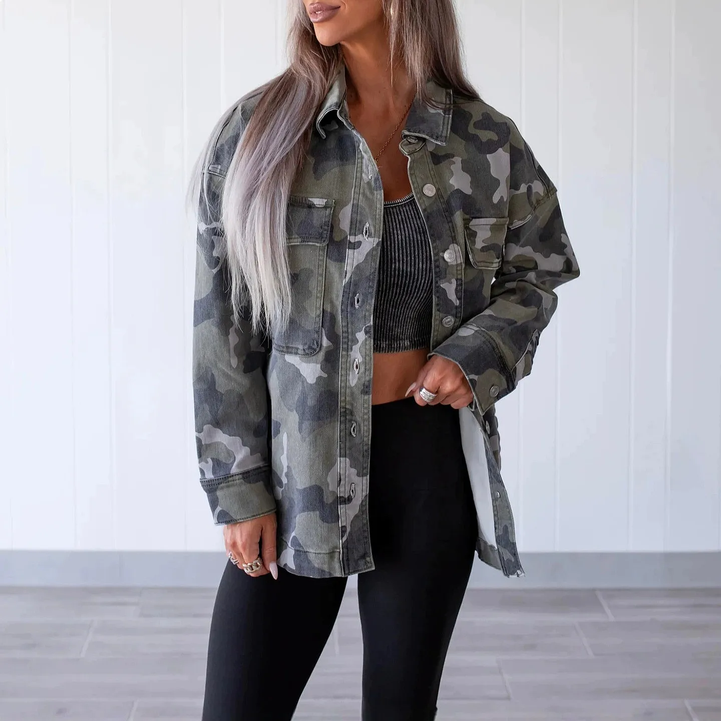 Loose Camouflage Print Long Sleeve Jacket for Women Spring Summer Fashion Casual Outerwear Coats