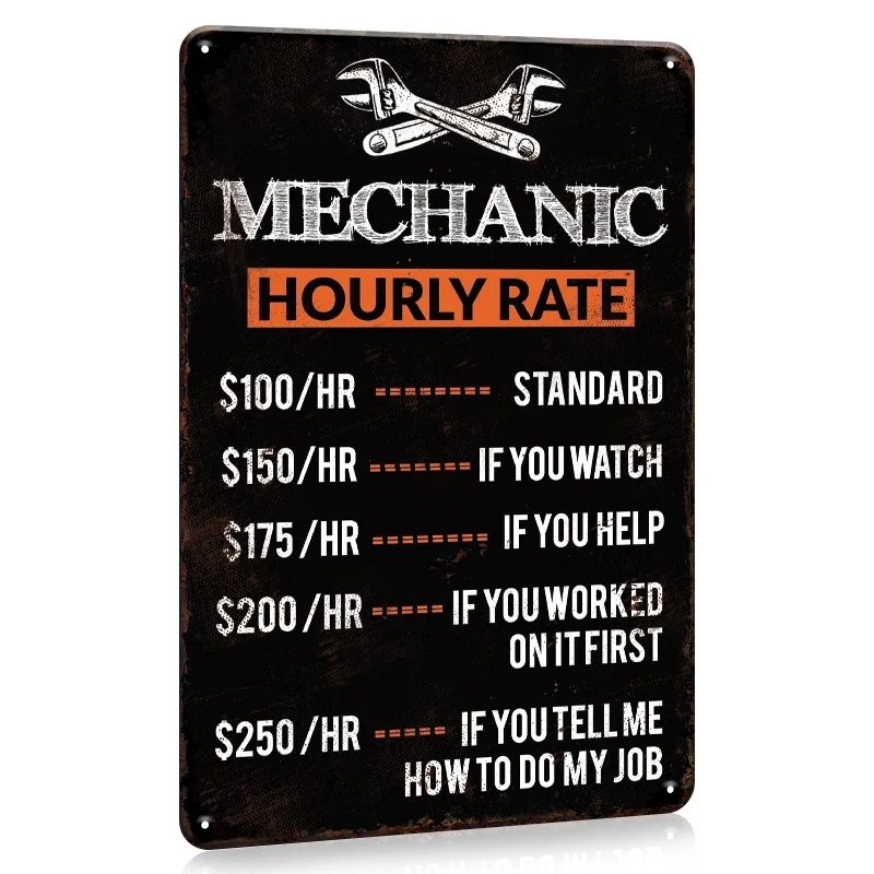 1pc, Mechanic Hourly Rate Metal Tin Sign, Wrench Tools Retro Poster, Garage Workshop Decoration, Home Repair Shop Plaque