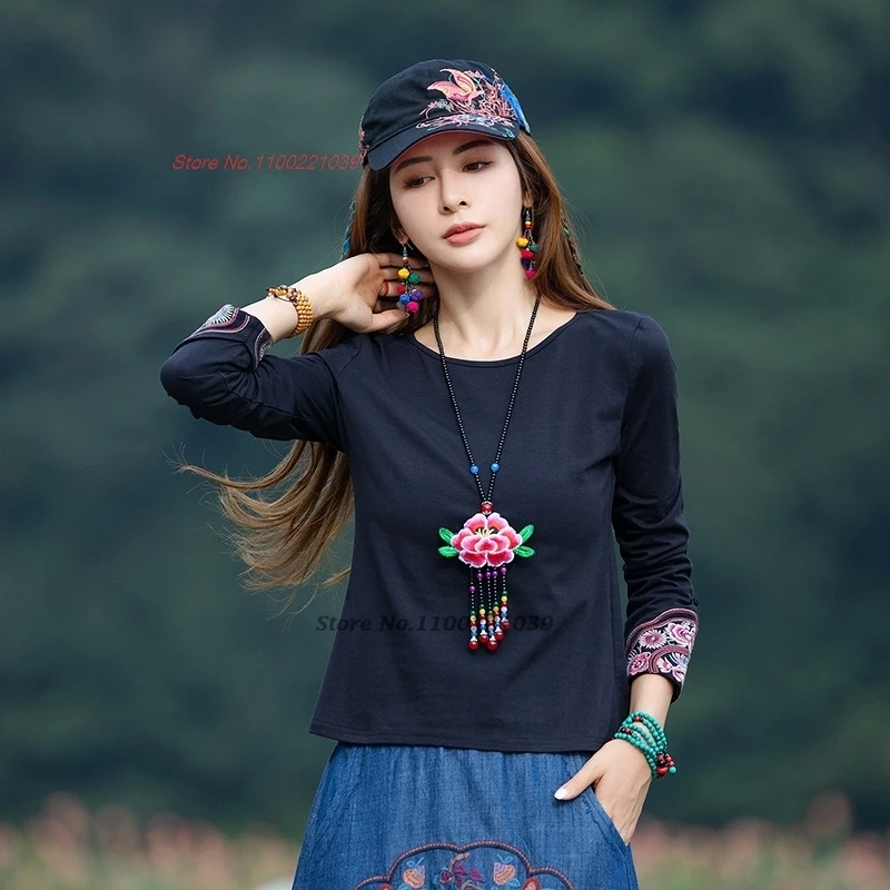 2025 national flower embroidery o-neck t-shirt folk streetwear chinese vintage base shirt oriental elegant elastic folk shirt