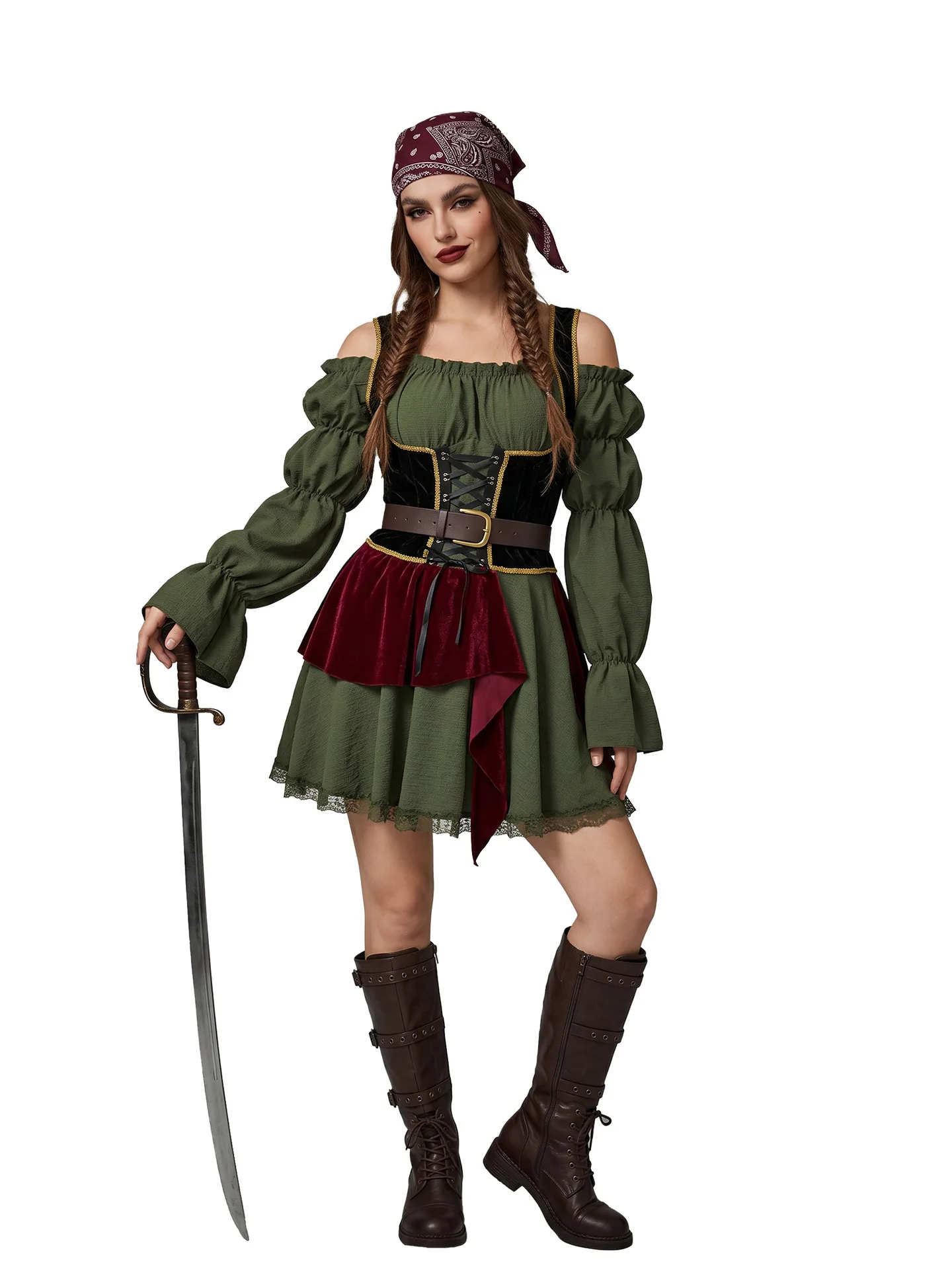 Women Pirate Costume Off Shoulder Flare Long Sleeve Renaissance Medieval Corset Dress Halloween Party Cosplay Outfit