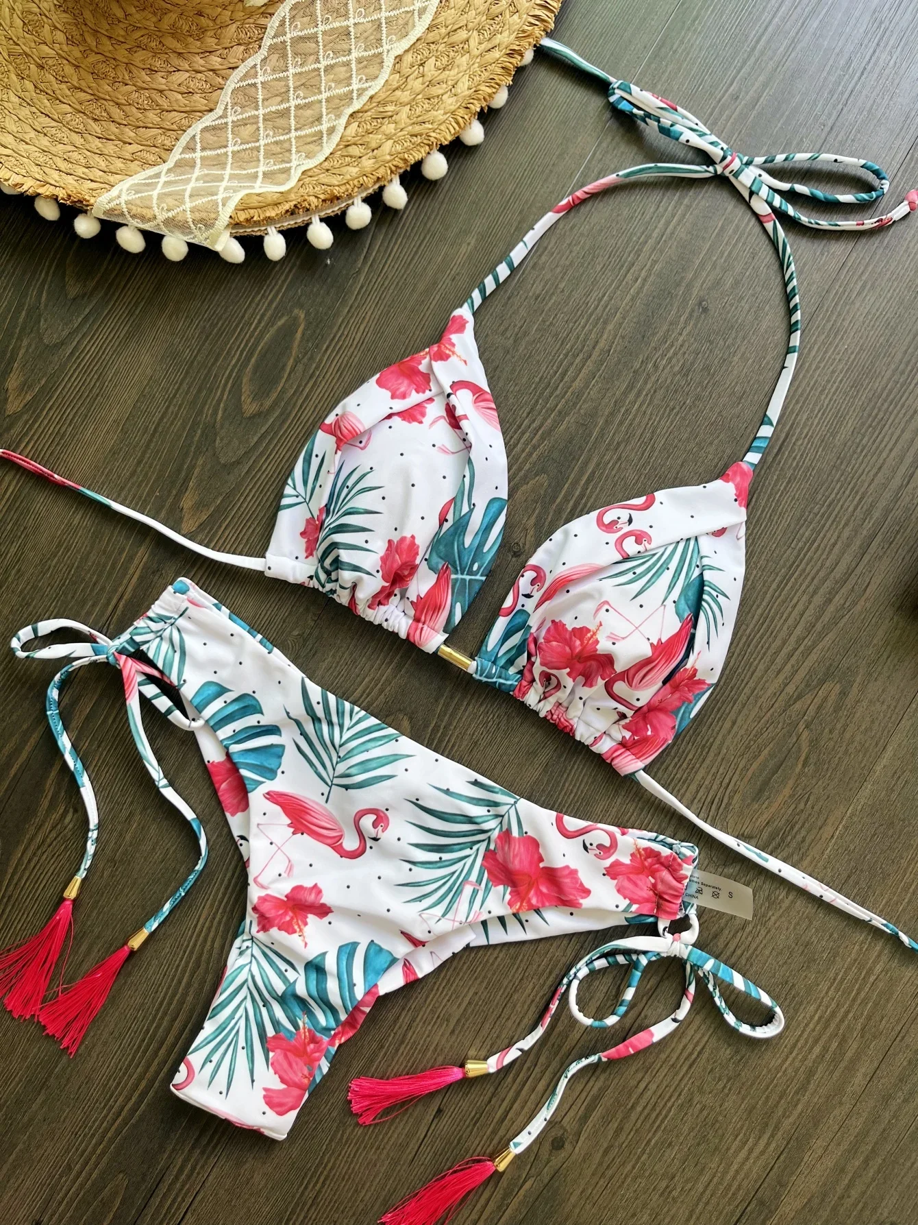 RUOTONSEPT-Conjunto de Bikini estilo vendaje con estampado para mujer, traje de baño Sexy con cuello Halter y triángulo, traje de baño brasileño 2024