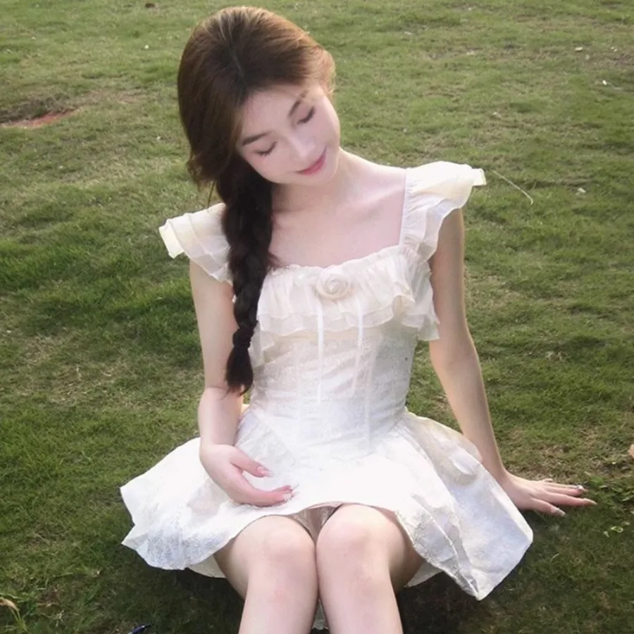 

【New style】French ruffled shoulder white dress, women's dress, summer 2026 new style, popular small waist skirt