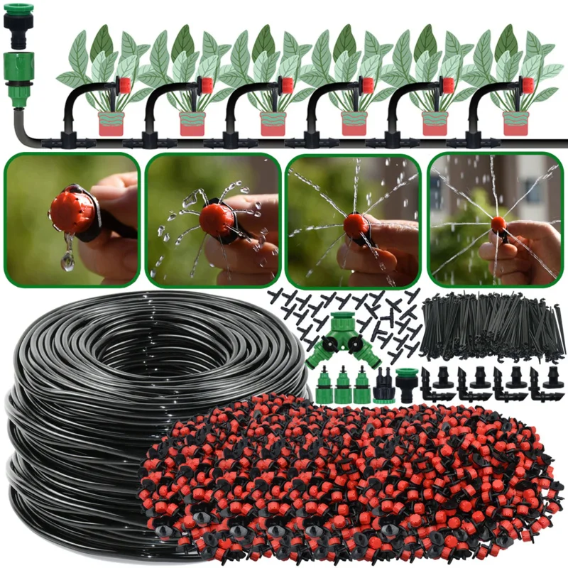 Garden 1/4'' Drip Irrigation Kit Automatic Watering System Nozzles for Farmland Bonsai Plant Flower Vegetable Greenhouse