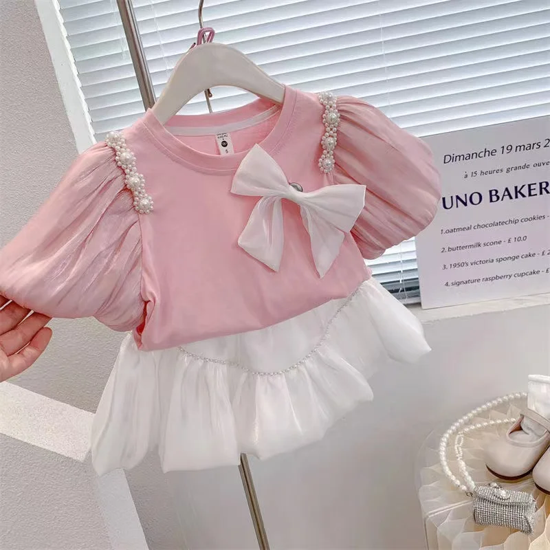 Conjunto de 2 piezas para niña, camiseta de manga corta con perlas que fluyen, falda de hilo y pantalones, ropa para verano, 2024