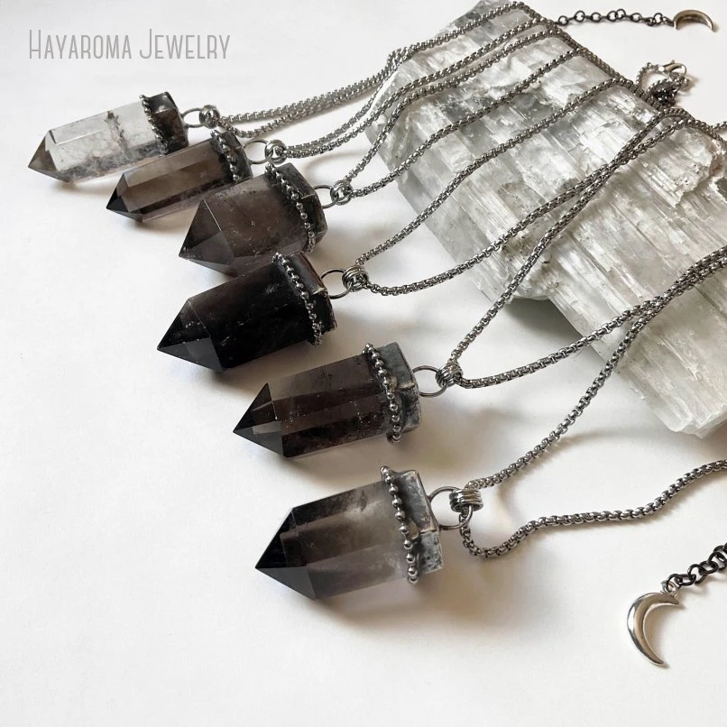 

10PCS Smoky Quartz Crystal Pendant Necklace Brown Gemstone Talisman Wicca Witch Goth Boho Y2k Stainless Steel Chain Jewelry