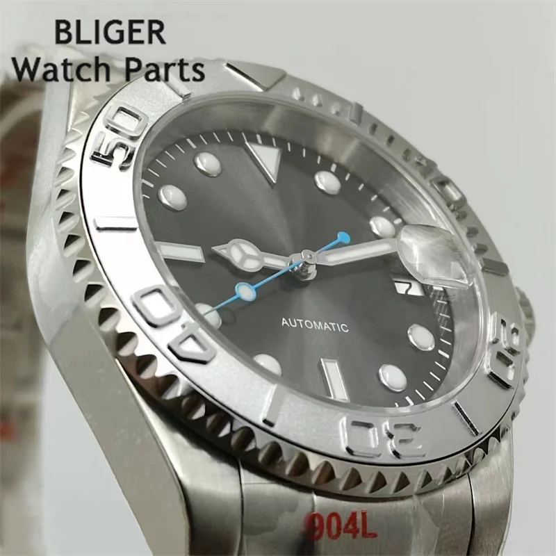 BLIGER 40mm NH35 Watch For Men Silver Insert Sunburst Gray Dial Blue Second Hand Sapphire Glass Oyster Bracelet Waterproof Date