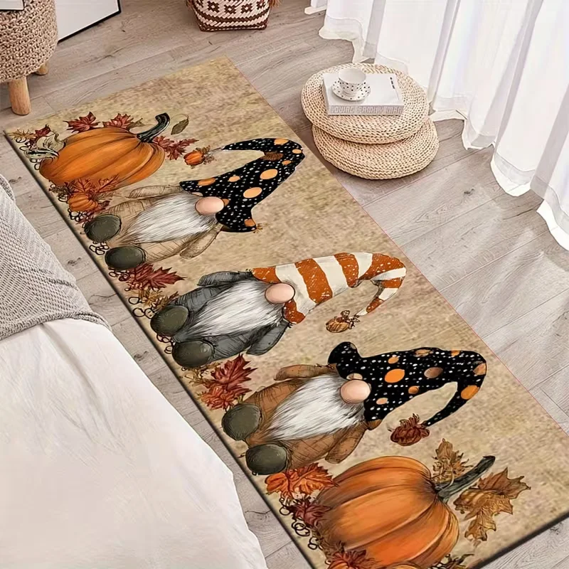 Fall Gnome Pumpkin Runner Rug Harvest Autumn Carpet for Hallway Bedroom Bedside Vintage Gnomes Maple Leaf Seasonal Decor Mat